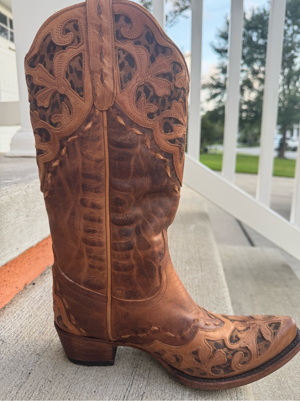 Lane Leopard Cutout Leather Cowboy Boots Brown Size 8 - Picture 2 of 13